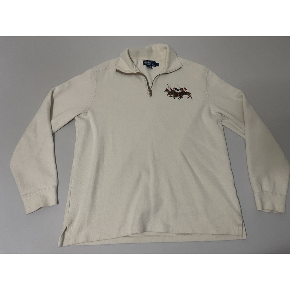 VTG Polo Ralph Lauren Sweater Large White Triple Pony 1/4‎ Zip Mens L Stampede